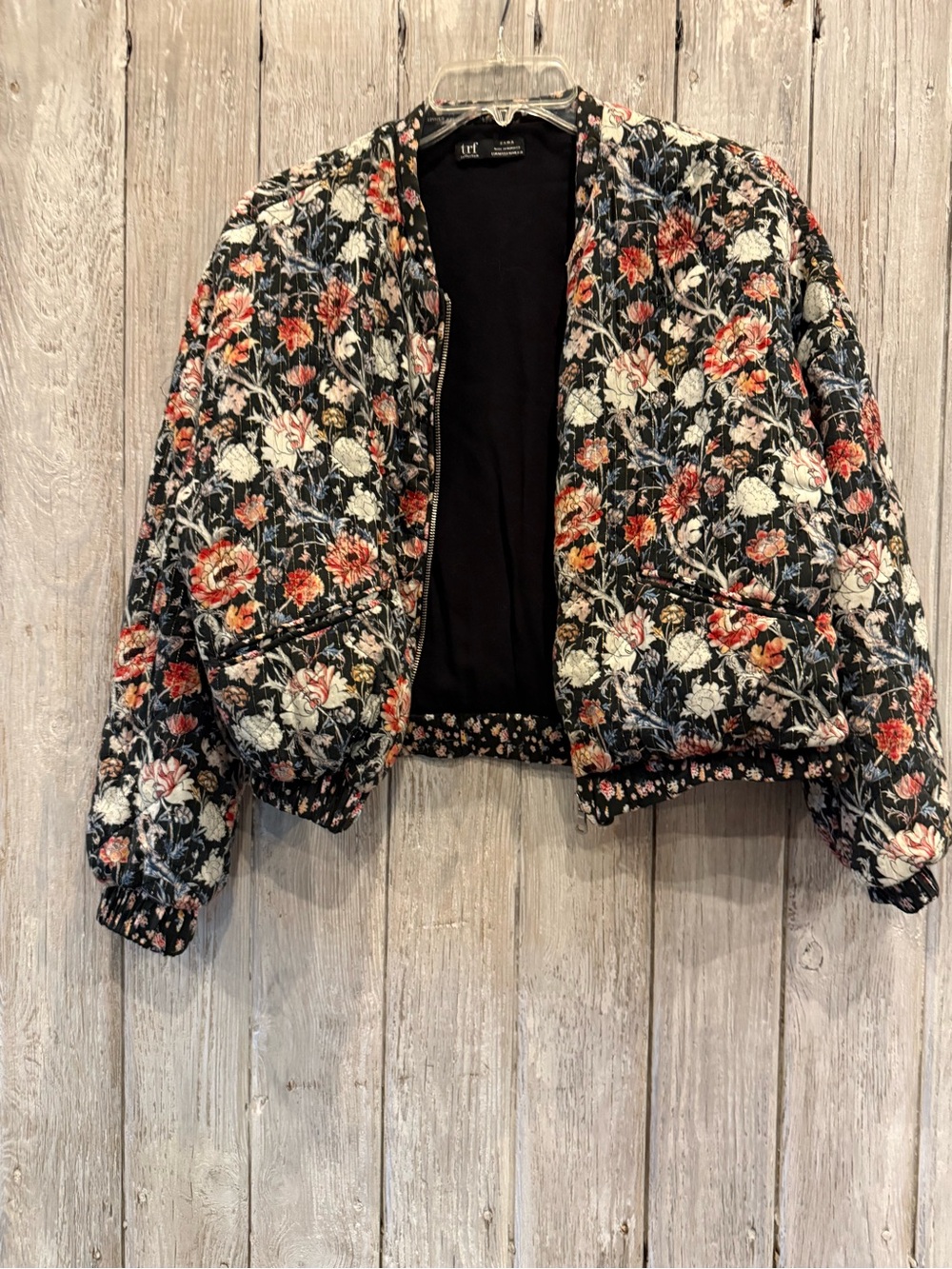 Zara Black Quilted Floral Bomber Jacket with Multicolor Blooms